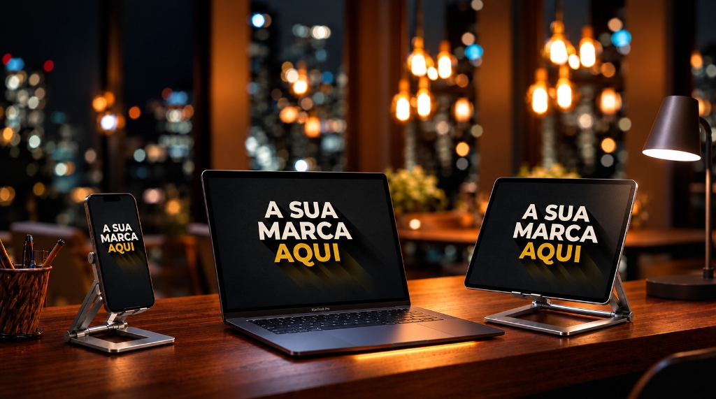 Dispositivos digitais — Smartphone, MacBook e Tablet com a sua marca
